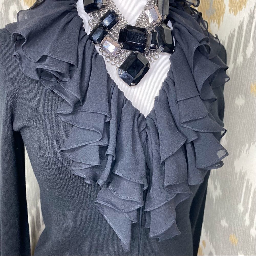Ralph Lauren Black Cashmere Silk Crepe Ruffled V-neck Long Sleeve Sweater